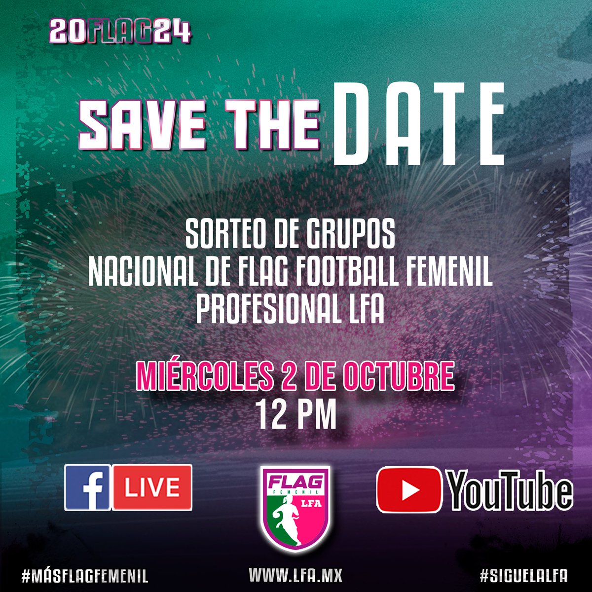 #AficiónLFA #SaveTheDate
.
El día de mañana no se pierdan el sorteo de grupos para la Liga de Flag Football Femenil Profesional LFA a través de Facebook Live y YouTube. 🏈🇲🇽
.
#SigueLaLFA #LFA2024 #MásFlagFemenil #FlagFootball