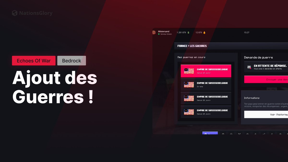 🔥 La mise à jour Echoes of War introduit un tout nouveau système de guerre sur Bedrock ! ⚔️

Créez des demandes de guerre, définissez les conditions et suivez le déroulement des batailles !