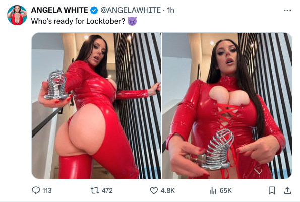 wokewhtknight's tweet photo. Caging and locking is becoming part of the culture. 
You know it when the GOAT @ANGELAWHITE is promoting it! 😍
#locktober #cuck #cucklifestyle #angelawhiteِ https://t.co/ENribG6CgI