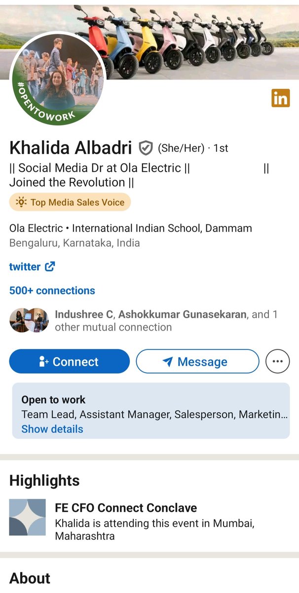 SACHINCHANDRAKA's tweet photo. @OlaElectrick @bhash We need good people working in Ola as per LinkedIn Khalida Maam is leaving Ola; it's new all over. Bhavish sir, please we need good service and good assets of Ola working. She's always help our ola community on priority basis. So i request you don't loose her https://t.co/LwRiCelmr0