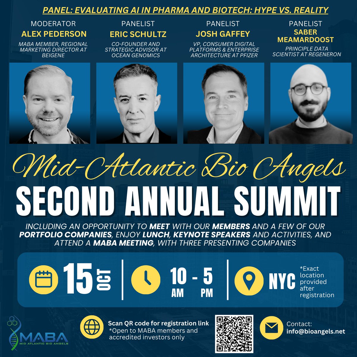 BioAngelsGroup's tweet image. Register today and join us for MABA’s 2nd Annual Summit October 15th in NYC. 

Event is open to all MABA members and guests (accredited investors only). 

#MABA #angelinvestors #lifesciences