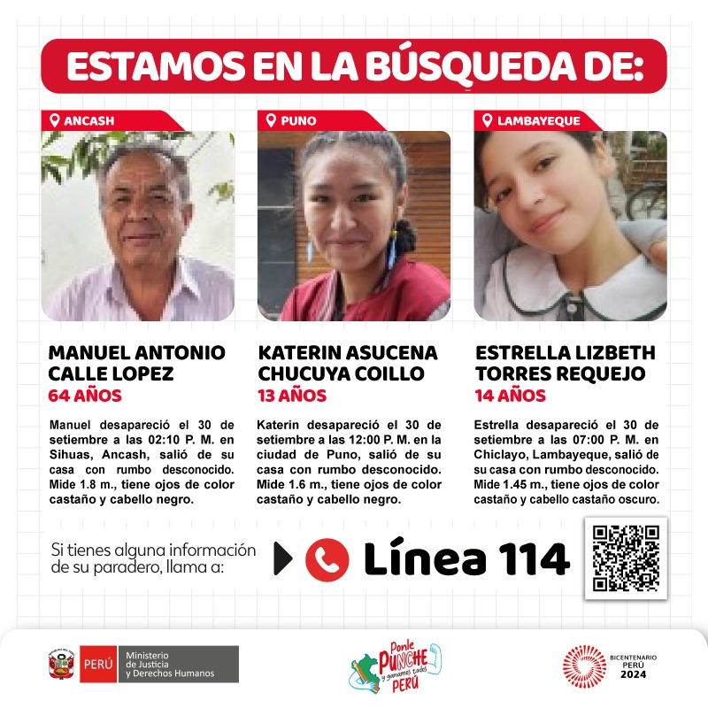 MinjusDH_Peru's tweet photo. ¡Logremos que vuelvan a casa! 

Estamos en la búsqueda de Manuel Calle (64 años), Katerin Chucuya (13 años) y Estrella Torres (14 años), quienes están desaparecidos. 

📞 Si conoces su ubicación, comunícate a la línea 114. https://t.co/wjmEzprU0R