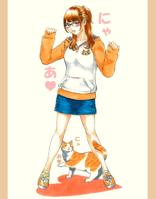 メガネ女子ハーフアップパーカー女子萌え袖デニムミニにゃあ #猫好き #illustration #オリジナルイラスト  