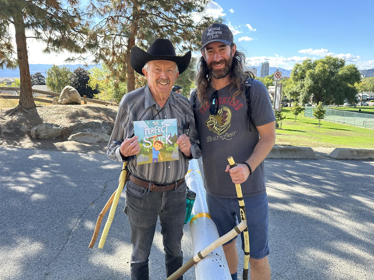 perfstickbook's tweet photo. Meet David Dittrich. Upon finishing a hike up Knox Mountain in Kelowna, @nojoryous saw David headed up with a walking stick in both hands, with two tied to his back. “Nice sticks!” Derek said. “Do you sell them?” “No,” David said, “I give them away to people who say nice sticks!” https://t.co/D5dk2VFK7P