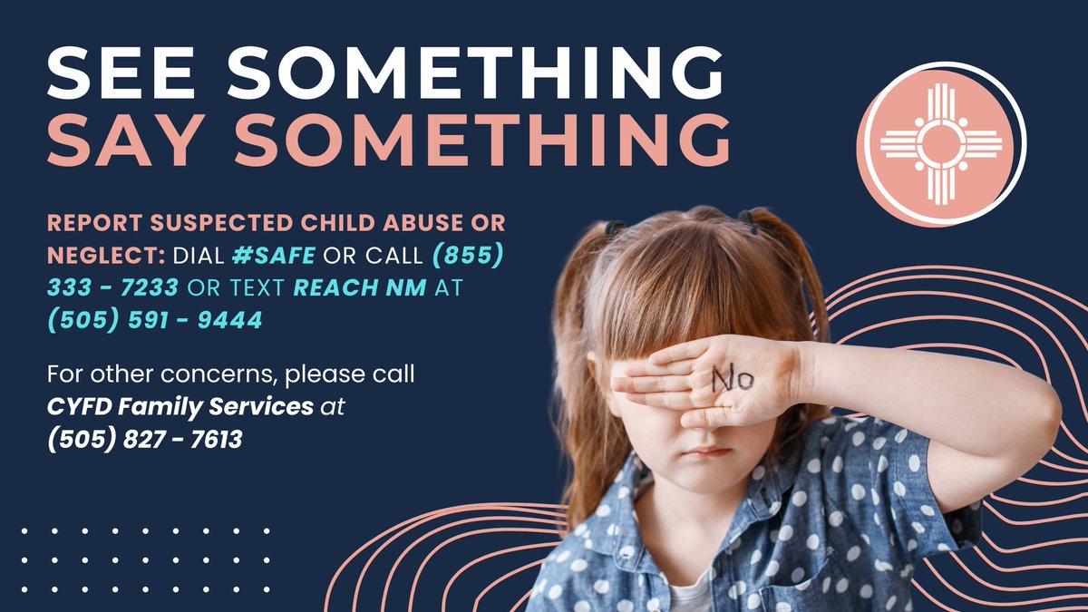 See Something, Say Something! 

Please report any suspected child abuse or neglect! We are all mandated reporters.  

Learn more about the signs of abuse and neglect: cyfd.nm.gov/protective-ser…

#cyfdnm #bethevillage