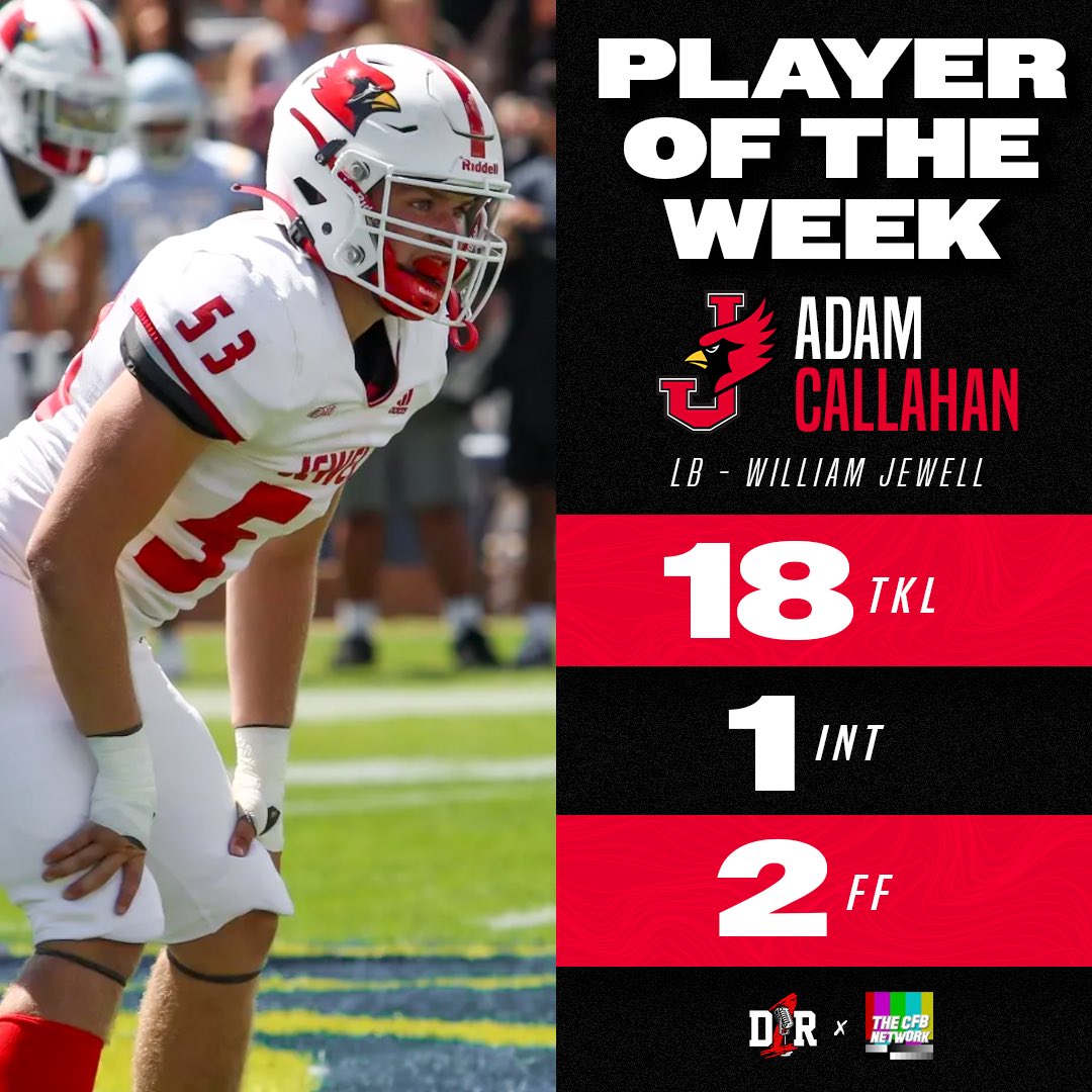 Division 1 Rejects (@d1_rejects) on Twitter photo D2FB Defensive 𝗣𝗟𝗔𝗬𝗘𝗥 𝗢𝗙 𝗧𝗛𝗘 𝗪𝗘𝗘𝗞‼️
<a href="/JewellFootball/">William Jewell Football</a> LB <a href="/11AdamCallahan/">Adam Callahan</a> was ALL over the field this weekend against Davenport 💪
#D1R | <a href="/thecfbnetwork/">The College Football Network</a> D2FB Defensive 𝗣𝗟𝗔𝗬𝗘𝗥 𝗢𝗙 𝗧𝗛𝗘 𝗪𝗘𝗘𝗞‼️
<a href="/JewellFootball/">William Jewell Football</a> LB <a href="/11AdamCallahan/">Adam Callahan</a> was ALL over the field this weekend against Davenport 💪
#D1R | <a href="/thecfbnetwork/">The College Football Network</a>