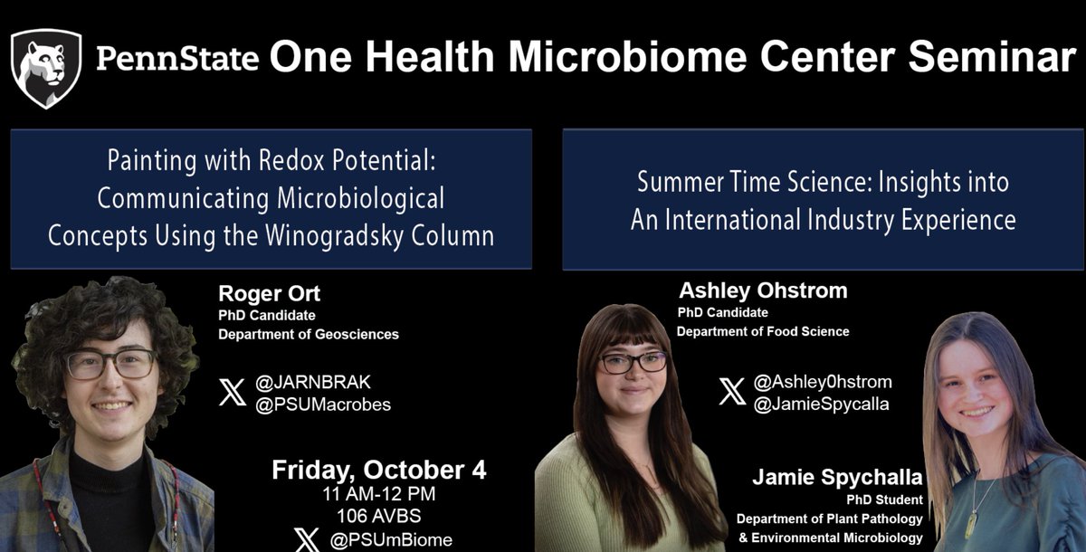One Health Microbiome Center (@psumbiome) on Twitter photo 📢Join us this Friday at 11 AM EST for an exciting seminar featuring <a href="/JARNBRAK/">Roger Ort</a> from <a href="/PSUMacrobes/">MacrobesForMicrobes</a> on painting with #redoxpotential, followed by <a href="/Ashley0hstrom/">Ashley Ohstrom</a> and <a href="/JamieSpychalla/">Jamie Spychalla</a> speaking on their internship experience <a href="/QIAGEN/">QIAGEN</a>. 🎨👩💼
If you can't make it, DM us for the zoom link! 📢Join us this Friday at 11 AM EST for an exciting seminar featuring <a href="/JARNBRAK/">Roger Ort</a> from <a href="/PSUMacrobes/">MacrobesForMicrobes</a> on painting with #redoxpotential, followed by <a href="/Ashley0hstrom/">Ashley Ohstrom</a> and <a href="/JamieSpychalla/">Jamie Spychalla</a> speaking on their internship experience <a href="/QIAGEN/">QIAGEN</a>. 🎨👩💼
If you can't make it, DM us for the zoom link!
