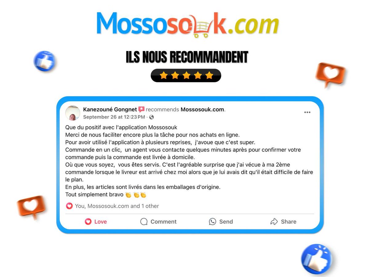 mossosouk's tweet photo. Kanezouné Gongnet, merci à vous pour votre confiance !! Et vous, qu'attendez-vous pour expérimenter le plaisir d'acheter en ligne et de se faire livrer à la maison? Une seule addresse : https://t.co/Md3ksKN0Zm 😍 https://t.co/Y9CeCDEgbH