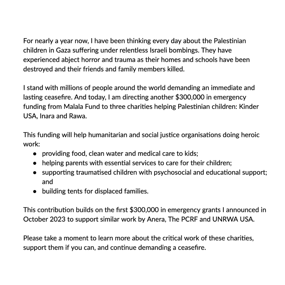Malala's tweet photo. I am announcing new emergency funding from @MalalaFund for charities helping children in Gaza. Please see my full statement: https://t.co/qe2PIkrN8W