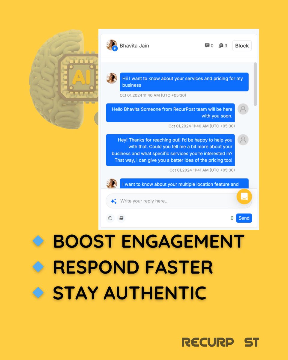 getRecurPost's tweet image. Now with 𝐑𝐞𝐜𝐮𝐫𝐏𝐨𝐬𝐭, reply to 𝐹𝐵 messages &amp;amp; comments effortlessly using our 𝐴𝐼 𝐴𝐬𝐬𝐢𝐬𝐭! Let 𝐴𝐼 craft smart, personalized responses while you grow your 𝗕𝐮𝐬𝐢𝐧𝐞𝐬𝐬!  

Try it today!  #AIassist #RecurPost #Automation #FacebookMarketing