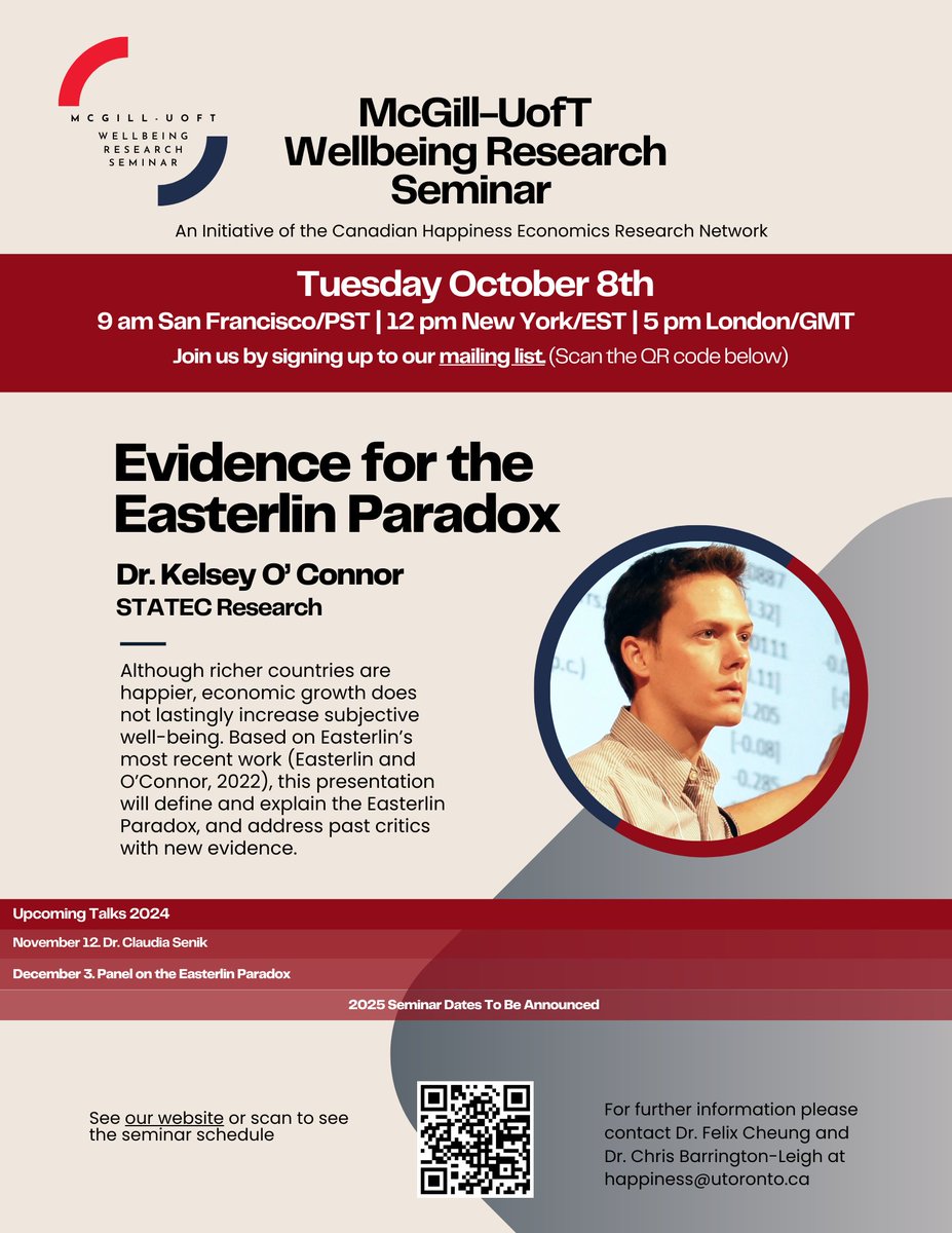 Join us for our first seminar of the season!

McGill-UofT Wellbeing Research Seminar

We have an innovative, exciting format this year: seminars are in sequences of three on one topic. Two speakers will give different views and then come back for a panel discussion. Can we push