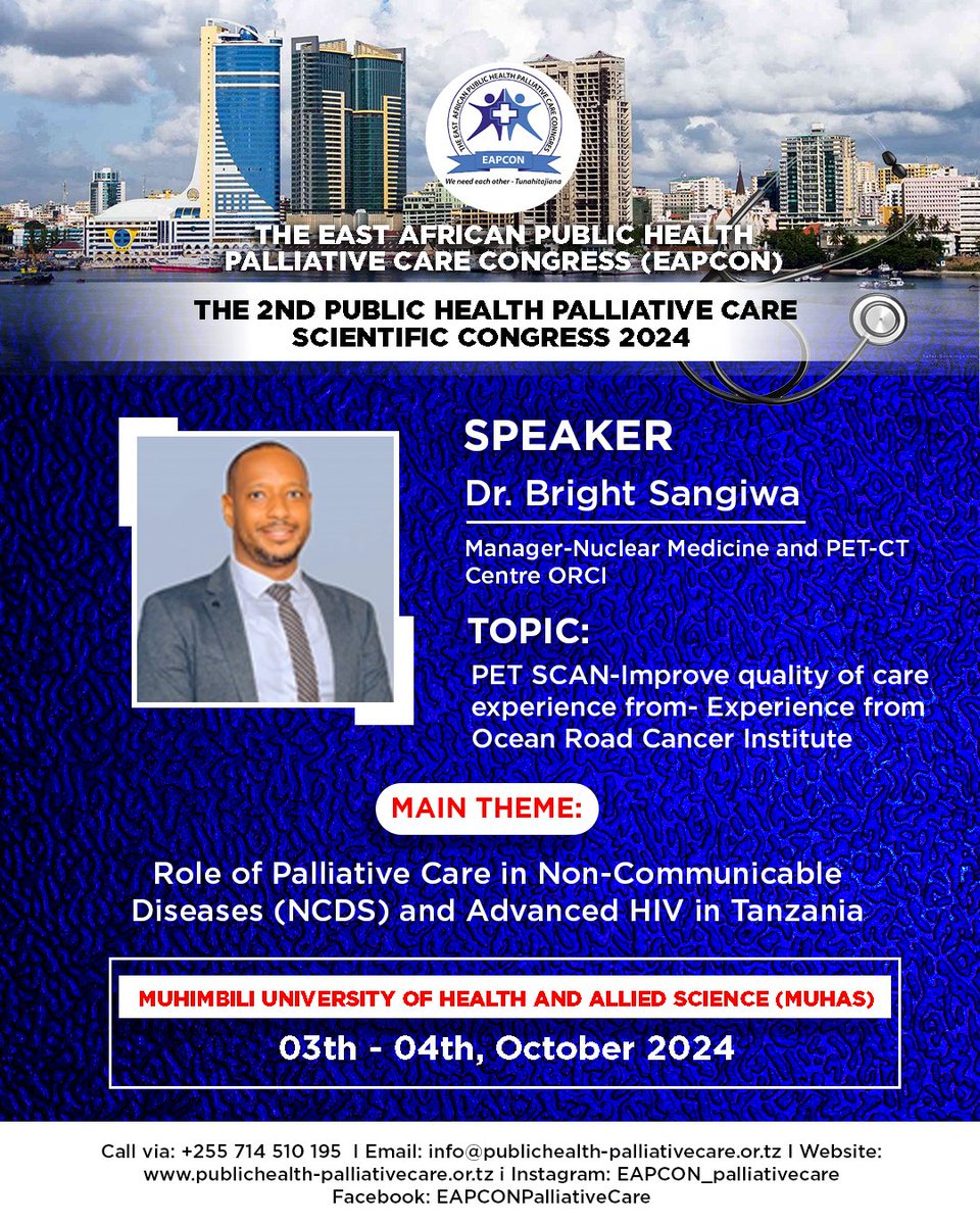 Featured Speaker of The second Public health Palliative care scientific congress 

Don't miss it, Countdown is underway 🔥🔥

Ikiwa Bado haujajisajili Fanya ivo Sasa tunapoelekea siku ya tukio

Jaza Sasa kupitia link hii
publichealth-palliativecare.or.tz/congress/

#2ndEAPCON