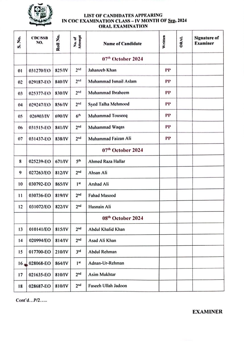 ceesurveyor's tweet photo. Class IV oral exams shall commence from Monday 7/10/24 as per attached schedule, will begin at 10 AM Inshaa Allah. We wish all candidate's very best of luck, please ensure you are well prepared and arrive on time. https://t.co/zsFl1EOPX3