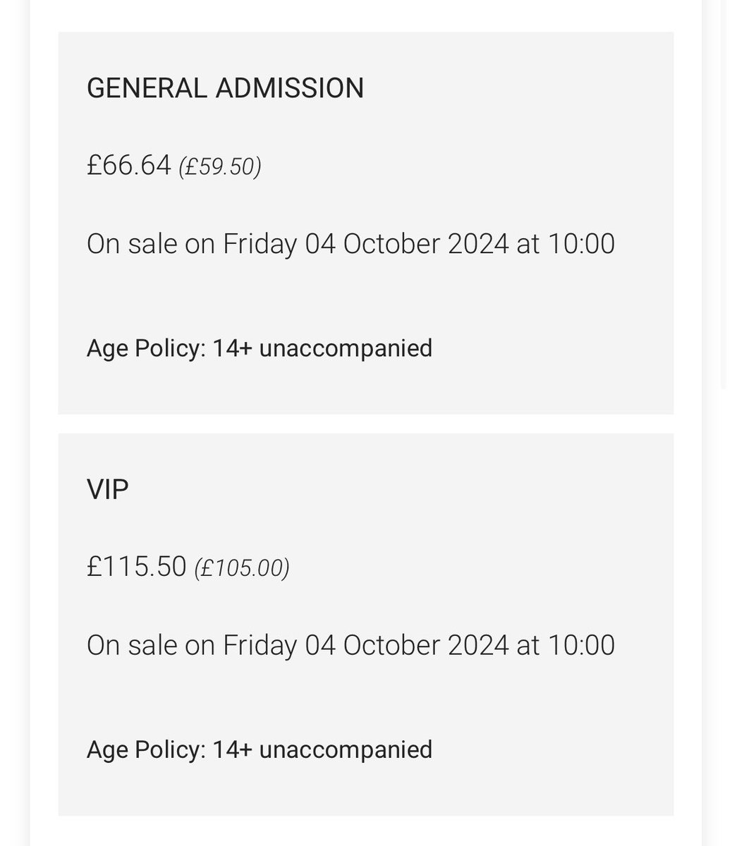 catbupdates_'s tweet image. HEATON PARK PRICES 👇

general admission £66.64

VIP £115.50 (doesn’t specify what’s included in vip)