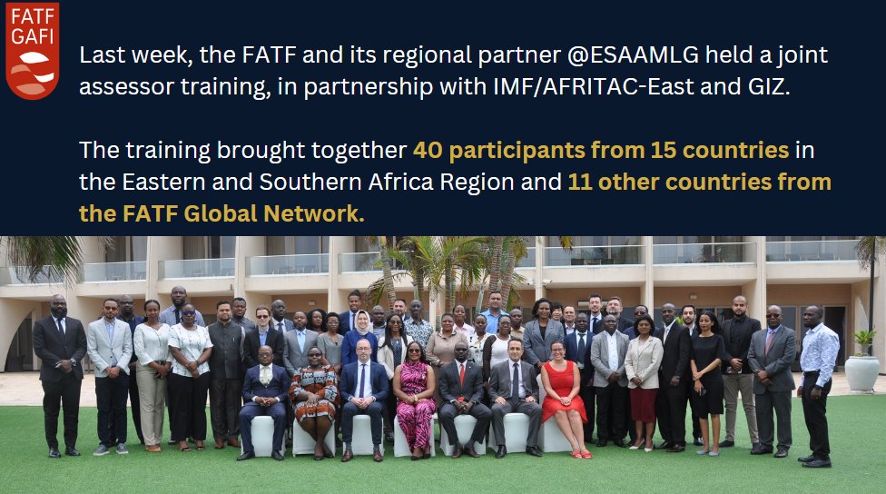 A @ESAAMLG, FATF,  @IMF/AFRITAC-East and GIZ partnership successfully concluded a Joint Assessors Training in Dar es Salaam (22-27 Sept). 
Sponsored by GIZ, the training prepped jurisdictions for the 5th round of AML/CFT evaluations. 
Big thanks to all! #AML #CFT
