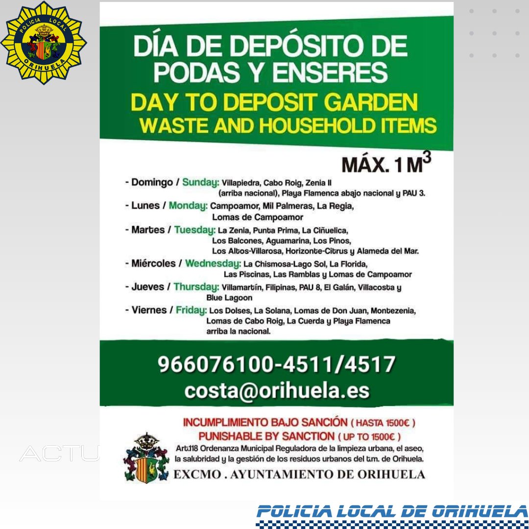Día de depósito de podas y enseres.

Day to deposit garden waste and household items.

Incumplimiento bajo sanción (hasta 1500€)

Punishable by saction (up to 1500€)