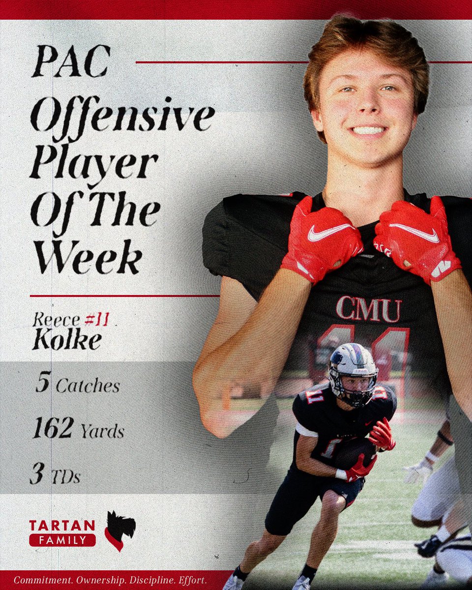 Congratulation to SO. WR Reece Kolke (<a href="/KolkeReece/">Reece Kolke</a>) for being named <a href="/PAC_Athletics/">Presidents’ Athletic Conference</a> Offensive Player of the Week! #TartanProud 
.
.
#CODE | #BYB | #RDT