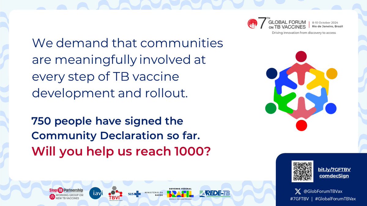 keyuri A (@keyuriab) on Twitter photo Will you join 750 supporters to help us reach 1000?
Endorse the global TB community's demands for new TB vaccines. Sign the Community Declaration of the 7th <a href="/GlobForumTBVax/">Global Forum on TB Vaccines</a>! In Eng, Esp, Fra, Hin, Indon, Por, Rus.
📅 Deadline: Thu, 10 Oct 2024
✒️ bit.ly/7GFTBVcomdecSi… Will you join 750 supporters to help us reach 1000?
Endorse the global TB community's demands for new TB vaccines. Sign the Community Declaration of the 7th <a href="/GlobForumTBVax/">Global Forum on TB Vaccines</a>! In Eng, Esp, Fra, Hin, Indon, Por, Rus.
📅 Deadline: Thu, 10 Oct 2024
✒️ bit.ly/7GFTBVcomdecSi…