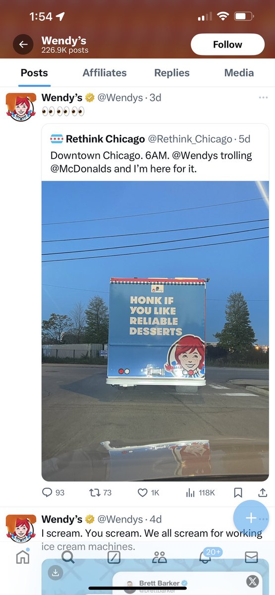LilyFelton9's tweet photo. Below are two of Wendy’s posts. They are making subtle disses at McDonalds. This doesn’t just engage the audience and draw them in to continue reading Wendy’s posts, it also makes them think about how McDonald’s ice cream machine is ‘always broken’. https://t.co/2R7eqGH0wX