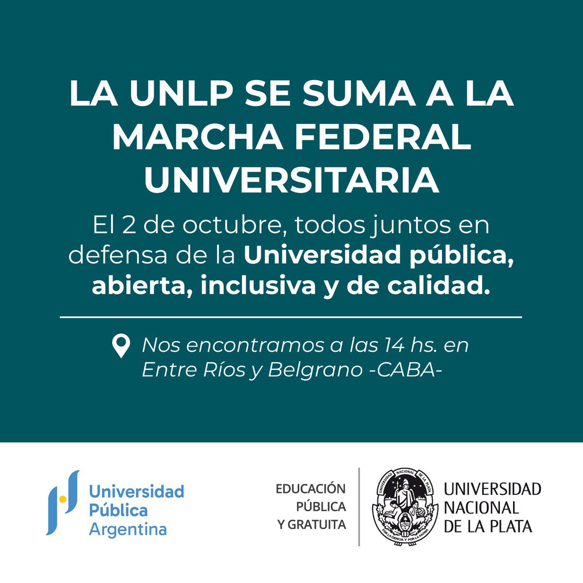 La Facultad de Ciencias Médicas se suma a la Marcha Federal Universitaria, en defensa de la Universidad Pública, abierta, inclusiva y de calidad.
Convocamos a toda la comunidad a participar de la misma, este miércoles 2 de octubre a las 14 horas en Entre Ríos y Belgrano.