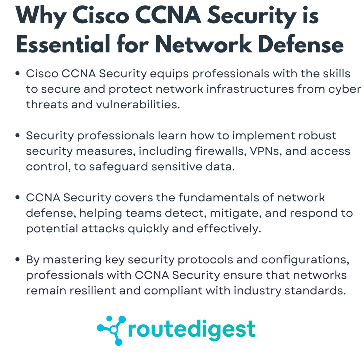 RouteDigest's tweet image. 🔐 Why Cisco CCNA Security is a Must for Network Defense! 🛡️ Protect your network from cyber threats with the skills learned through CCNA Security. 💻 #Cisco #CCNASecurity #CyberSecurity #ciscocertification #ciscocertifications #ITCertifications #TechSecurity #computernetwork