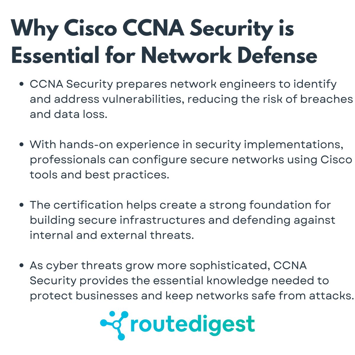 RouteDigest's tweet image. 🔐 Why Cisco CCNA Security is a Must for Network Defense! 🛡️ Protect your network from cyber threats with the skills learned through CCNA Security. 💻 #Cisco #CCNASecurity #CyberSecurity #ciscocertification #ciscocertifications #ITCertifications #TechSecurity #computernetwork