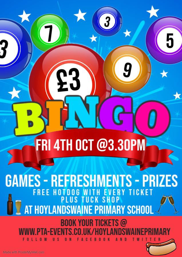 Don’t forget to book your tickets online for the BINGO event this Friday <a href="/HoylandswainePS/">Hoylandswaine Primary School</a> 🥳

We’ll be kicking off straight from school so grab the kids and join us for refreshments and a few games of bingo 🌭🍬🥂🍻☕️🧃

Everyone welcome so bring along friends and family too 🫶