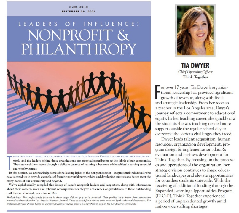 thinktogether's tweet photo. Think Together's Chief Operating Officer, Tia Dwyer, is a Leader of Influence! 💪

Thank you to @labjnews for recognizing Tia's exceptional ability to create an environment of success, enabling our staff and organization to reach new heights. 

#labj #LA #LosAngeles #Nonprofit https://t.co/8eENn74toG