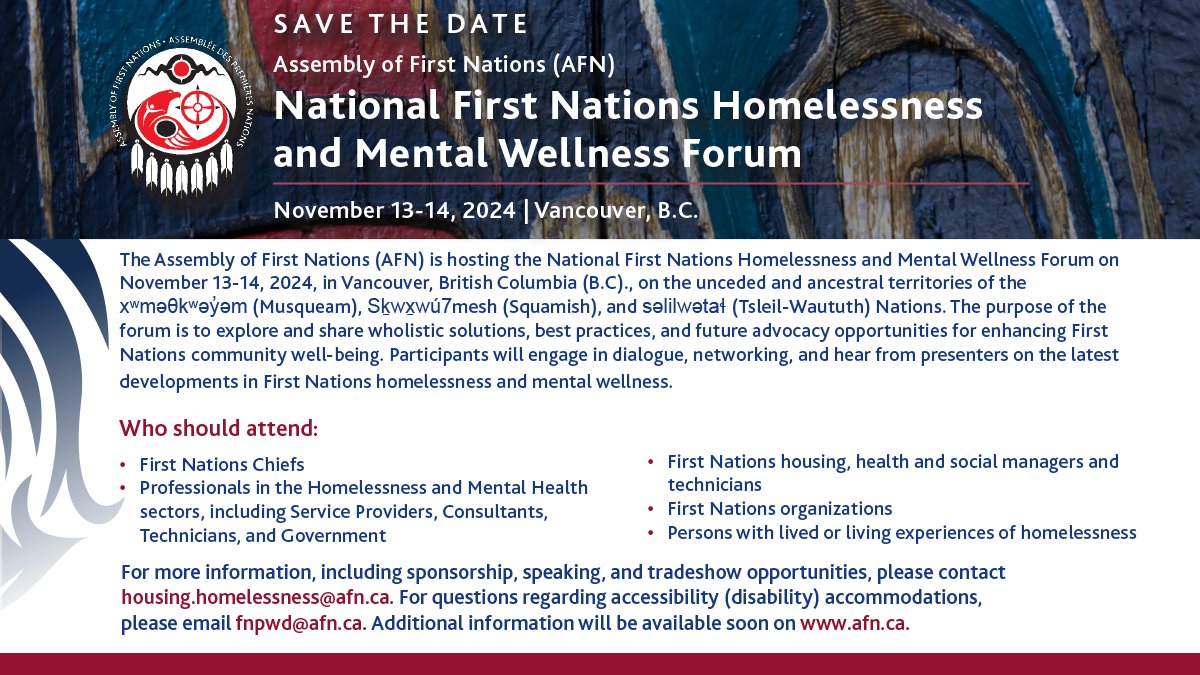 AFN_Updates's tweet photo. Have you registered for the AFN National First Nations Homelessness and Mental Wellness Forum? The AFN has secured hotel group rates for all event participants. Make sure to book your stay before October 13, 2024! Learn more: https://t.co/0swJJnZqET. #AFNHomelessnessWellnessForum https://t.co/RXvpTEmNXa