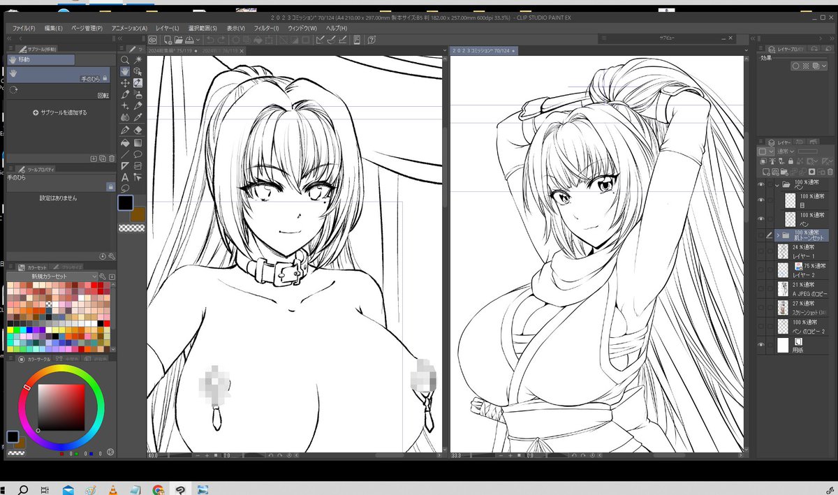 左が今回配信で使ったざらつきペンで描いたキャラで右が従来のGペンで描いたイラストです。同じくらいの倍率で拡大するとGペンのほうは確かに線も細くて綺麗なんでカラー向きですが線画としてみると平面に見えて立体感がでない。逆にざらつきペンは粗めな線が描けるうえに常に線にタッチがのるので線画