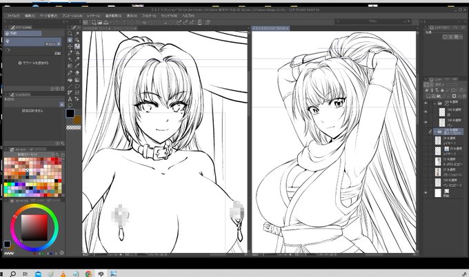 左が今回配信で使ったざらつきペンで描いたキャラで右が従来のGペンで描いたイラストです。同じくらいの倍率で拡大するとGペンのほうは確かに線も細くて綺麗なんでカラー向きですが線画としてみると平面に見えて立体感がでない。逆にざらつきペンは粗めな線が描けるうえに常に線にタッチがのるので線画 