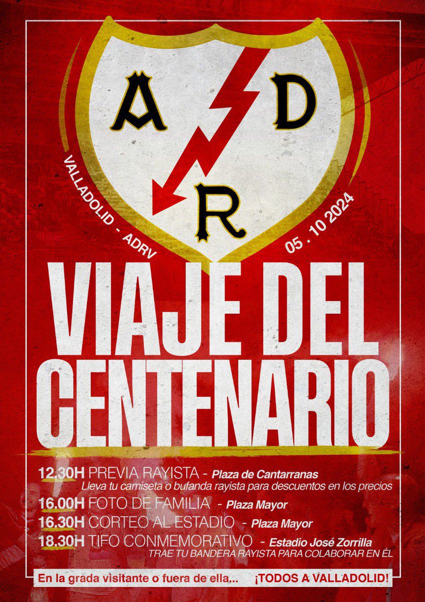 plataformaADRV's tweet photo. Un siglo de historia. Diez décadas de pasión. Cien años de alegrías y penas.

Queremos celebrar el Centenario entre rayistas, y queremos hacerlo también fuera de Vallekas.

Este sábado 5, viaja a Valladolid y llena las calles pucelanas de camisetas y bufandas franjirrojas. https://t.co/P3FWaEkr54