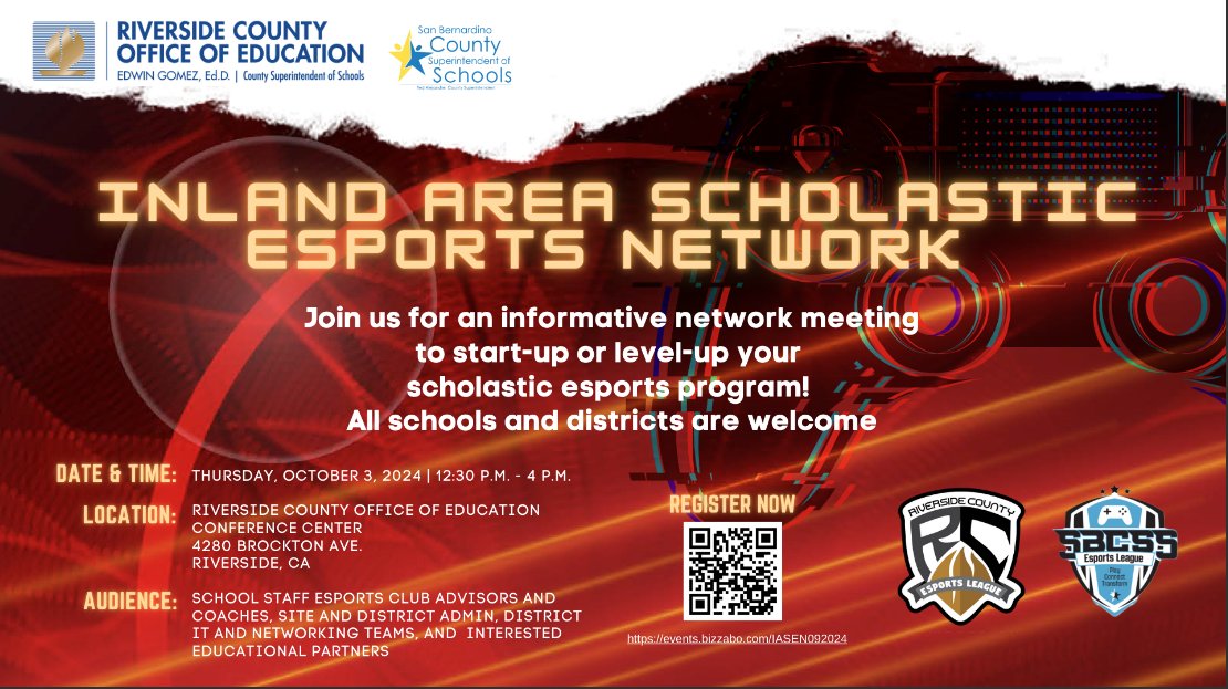 Join us on 10/03 from 12:30-4:00 for the 1st IASEN of 24-25 school year! Come learn about CIF, Scholarship Opportunities, Elementary Esports and <a href="/CommonSense/">Common Sense Media</a>. Lunch provided by <a href="/DataImpressions/">Data Impressions</a>. Register: events.rcoe.us/IASEN092024