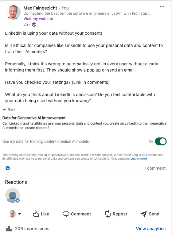 LinkedIn steals your personal data and content then limit exposure to a post calling them out on it.

What do you think?

linkedin.com/posts/maxcr_li…