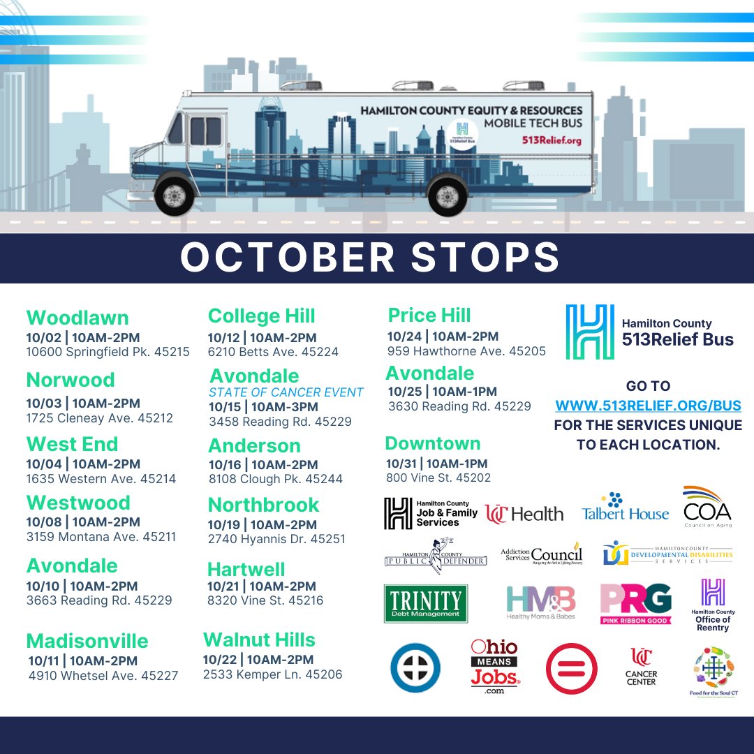 513Relief's tweet image. The 513Relief Bus is making 15 stops this October! That means 15 opportunities for you to access vital resources right in YOUR community. 🙌 We can’t wait to have a resource-filled, fun-packed October with you. See you at the stops! 🍁 #513relief #breastcancerawarenessmonth
