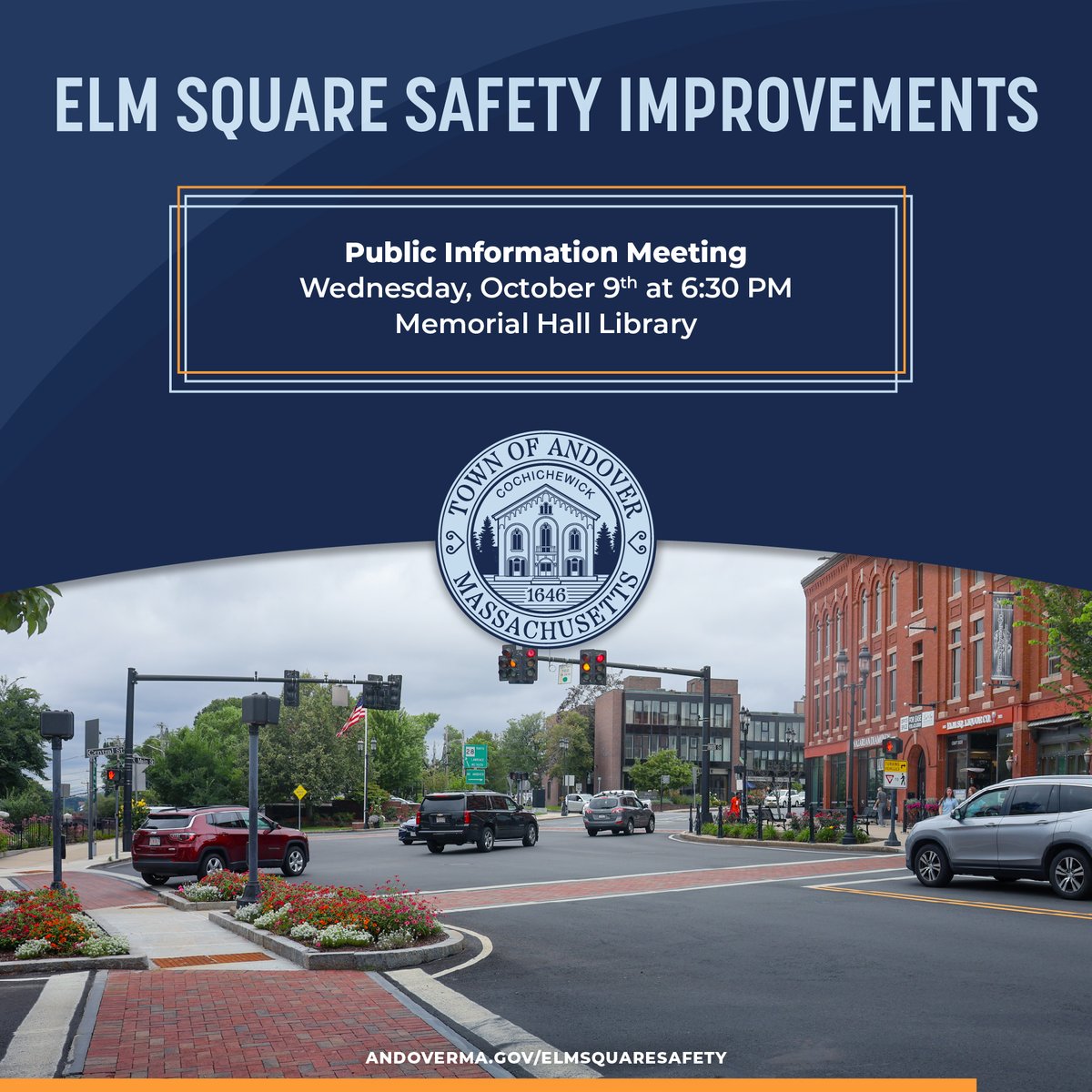 Join us on Oct 9 at 6:30 PM at Memorial Hall Library for a public info session on Elm Square transportation safety improvements. Discuss mid- &amp; long-term plans to enhance pedestrian, bicycle, &amp; vehicular safety.