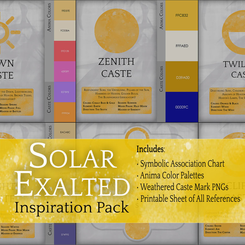 TheUncrucified's tweet photo. ALSO, if you'd like some resources to make this first topic go easier, I've created FREE asset packs including Solar caste mark PNGs &amp; an Exalted-themed character backdrop for all to use.  May they speed thy inspiration!

Both downloadable from my Ko-fi:
https://t.co/w94XNrbvLr https://t.co/uZkpajHyXQ