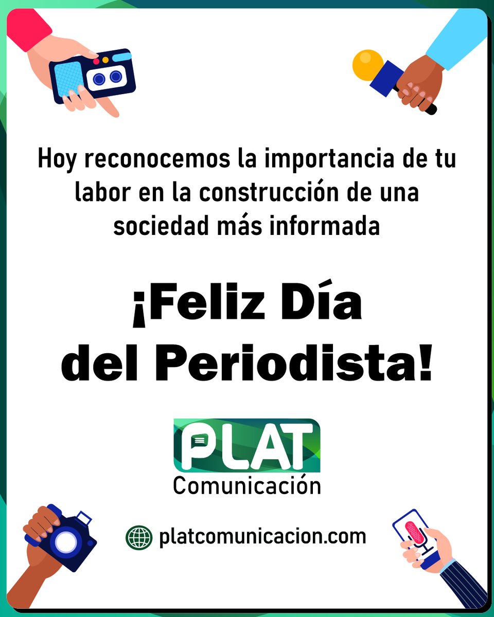 PLATComunica's tweet photo. ¡Feliz Día a los Periodistas de todo el  Perú!
  
#DiaDelPeriodista #periodismoperu #PrensaPeruana #platcomunicacion https://t.co/PrLlQIITca
