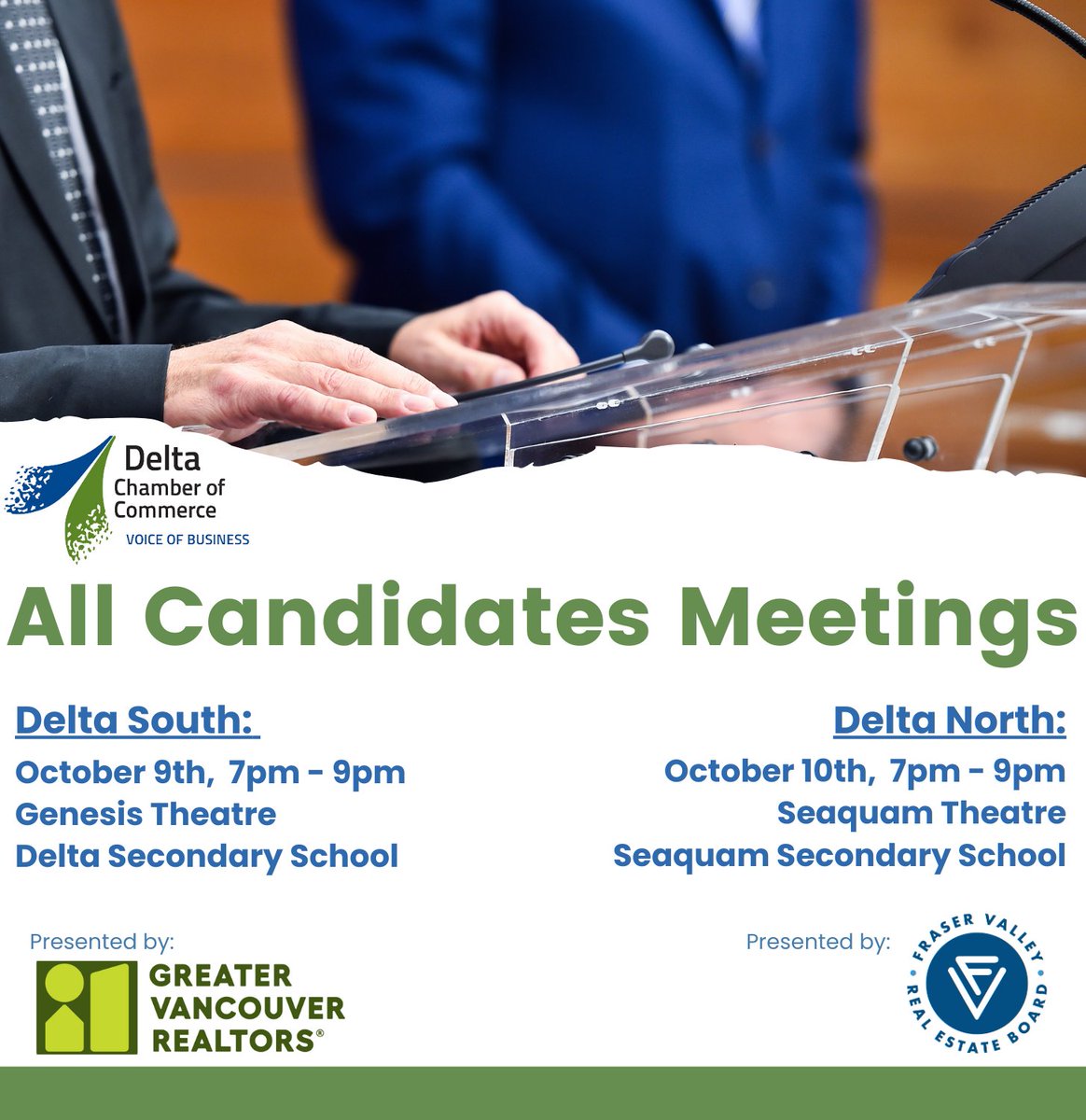 We invite everyone to join us for 2 All Candidates sessions for the 2024 Provincial election. The evening will have a business perspective, focusing on key topics such as transportation, housing, etc.

Registration is encouraged, but not required! business.deltachamber.ca/event