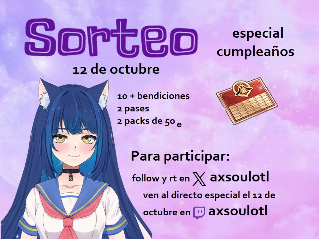 ✨SORTEO ESPECIAL CUMPLEAÑOS✨

En twitter: RT + follow
5 bendiciones (por cada 100 followers se añade una hasta un máximo de 10 extra)
El sorteo se resolverá el 12 de octubre

En twitch: 
Directo 12 de octubre a las 20H GMT+2
5 bendiciones
2 pases
2 packs de 50 euros

¡suerte!
