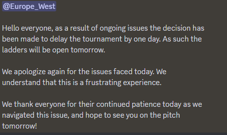 ut_goat's tweet photo. El #OpenLadder de Africa y Europa se retrasa un día debido a problemas con la plataforma de @Battlefy 👀
Quizás si se pueda jugar el Ladder de Latam y NA, pero hay que esperar para ver si se soluciona el problema que tiene actualmente la plataforma.
#FCPro25 #Battlefy #FC25 https://t.co/yYDBjqq0FQ