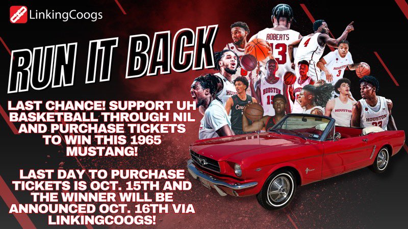 Chase McCarty (@chasemccarty21) on Twitter photo Coogs! Last chance to help us Run It Back and win this 1965 Mustang! Click the link below and purchase your tickets now! thelinku.com/runitback <a href="/linkingcoogs/">LinkingCoogs</a> #gocoogs Coogs! Last chance to help us Run It Back and win this 1965 Mustang! Click the link below and purchase your tickets now! thelinku.com/runitback <a href="/linkingcoogs/">LinkingCoogs</a> #gocoogs