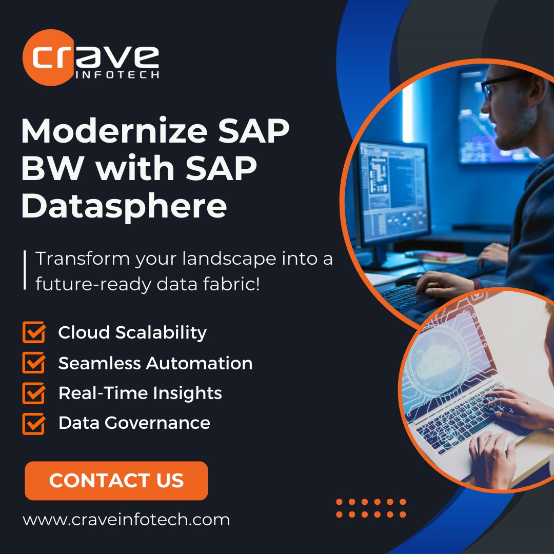 CraveInfotech's tweet image. Future-proof data with #SAPDatasphere! 🚀

Make smarter decisions, simplify access, and leverage #SAPBW. 

Contact Crave InfoTech for your #DataFabric assessment today! shorturl.at/KM4C2

#DataStrategy #DigitalTransformation #CraveInfoTech
