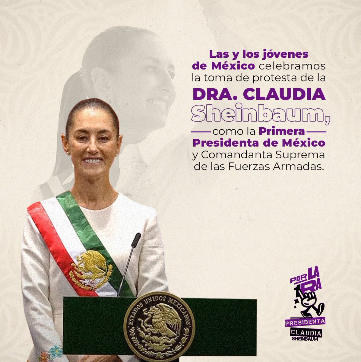 ¡MÉXICO ESTÁ DE FIESTA!

Celebramos la toma de protesta de la Primera Presidenta de México, Comandata Suprema de la Fuerzas Armadas, la Dra. <a href="/Claudiashein/">Claudia Sheinbaum Pardo</a>.

Las y los jóvenes acompañaremos con convicción y firmeza a nuestra Presidenta. 🔥

¡Enhorabuena!