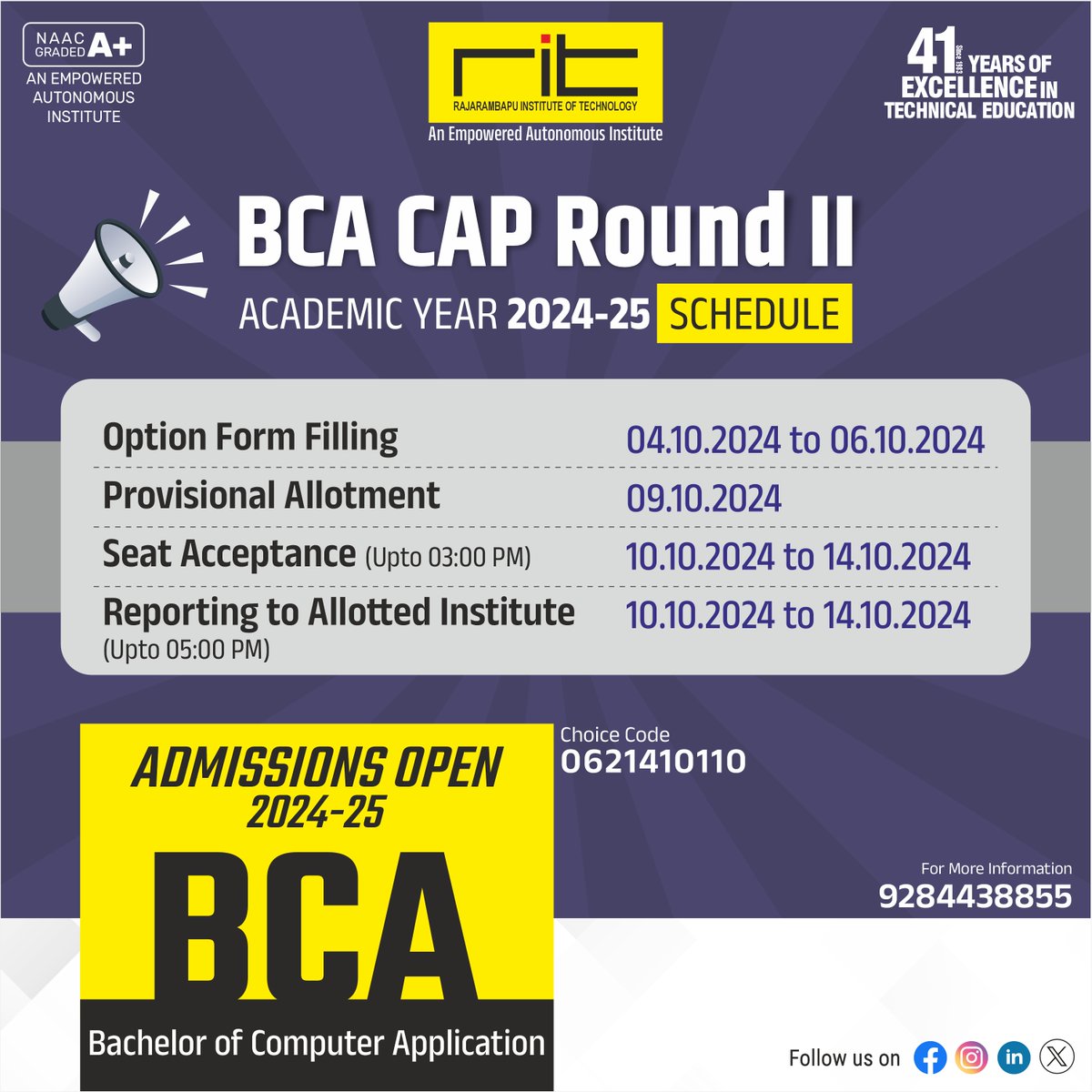 ritindia1983's tweet photo. ๐ข BCA CAP Round II Schedule ! ๐
Exciting news for aspiring BCA students! The CAP Round II schedule for the academic year 2024-25 is now live.
#RIT #BCAAdmissions2024 #CAPRoundII #FutureReady #AdmissionsOpen #JoinRIT #TechEducation https://t.co/fKanJFbHzN