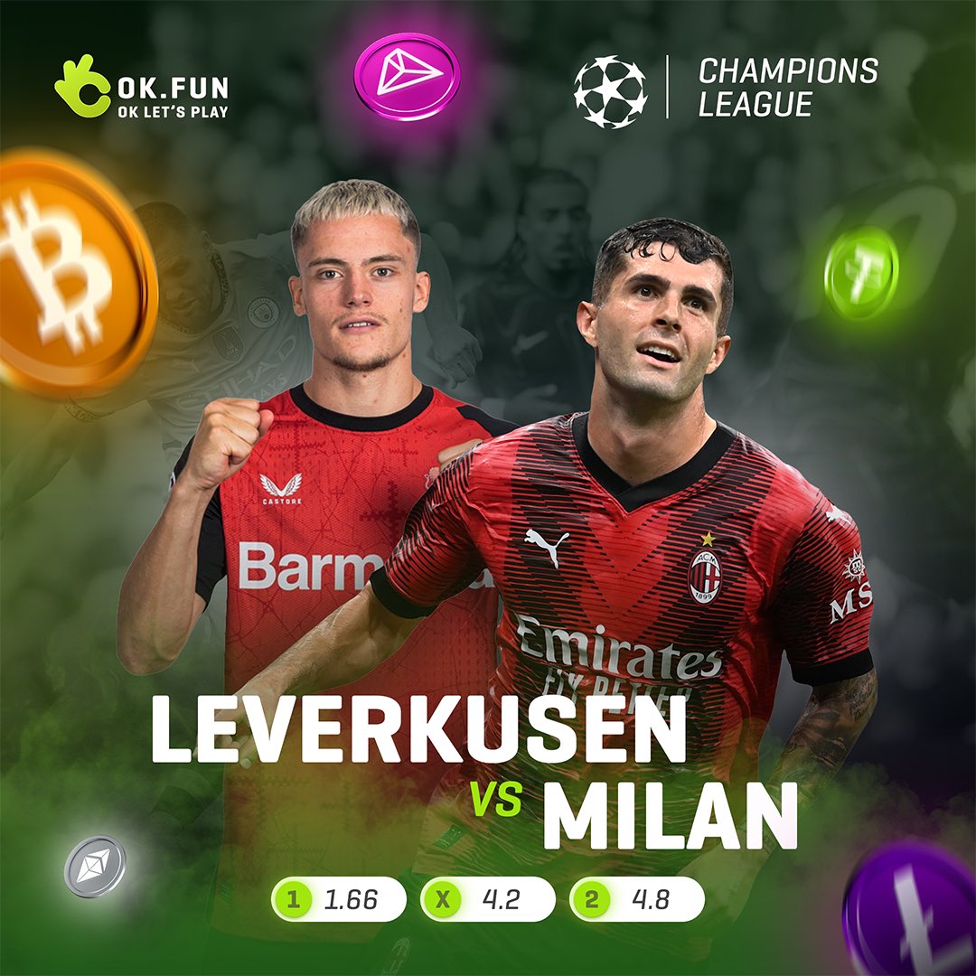 OKfun_official's tweet photo. Milan lost their first match in UCL while Leverkusen thrashed Feyenoord away. 🔥
Who do you think will win this game? ⚔️
👉 Place your bets at https://t.co/Yfm1SpE2J5
👉Join our community: https://t.co/NVi8FKTW9f
#Okletsplay #FunVibesOnly #CryptoGames
🥳Customer Service:
🚀Telegram: https://t.co/6Z2TfuawZP
📱WhatsApp: https://t.co/5cgDACqTfN