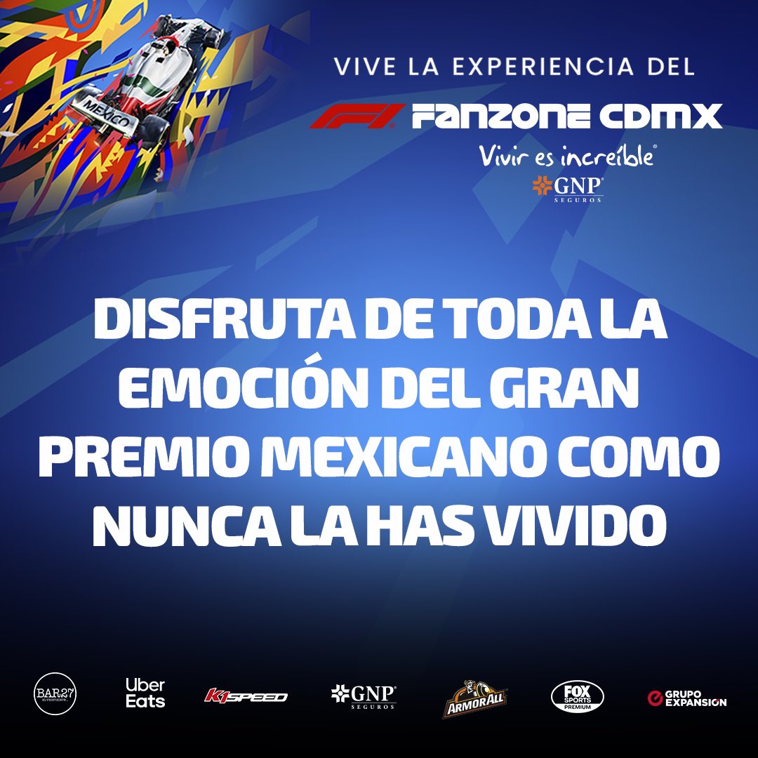 FANZONEGNPCDMX's tweet photo. ¡3 DÍAS DE EMOCIÓN A LA MÁXIMA VELOCIDAD! 🏁

El @mexicogp se vivirá como nunca en el F1 FANZONE GNP “Vivir es Increíble” 🏎

Nos vemos este 25, 26 y 27 de octubre en el @PBicentenarioMX de la CDMX 🏁 ¡NO TE QUEDES FUERA!

Consigue tus accesos 🔗 https://t.co/vb07IQLQcw https://t.co/a9s1bVEkk4