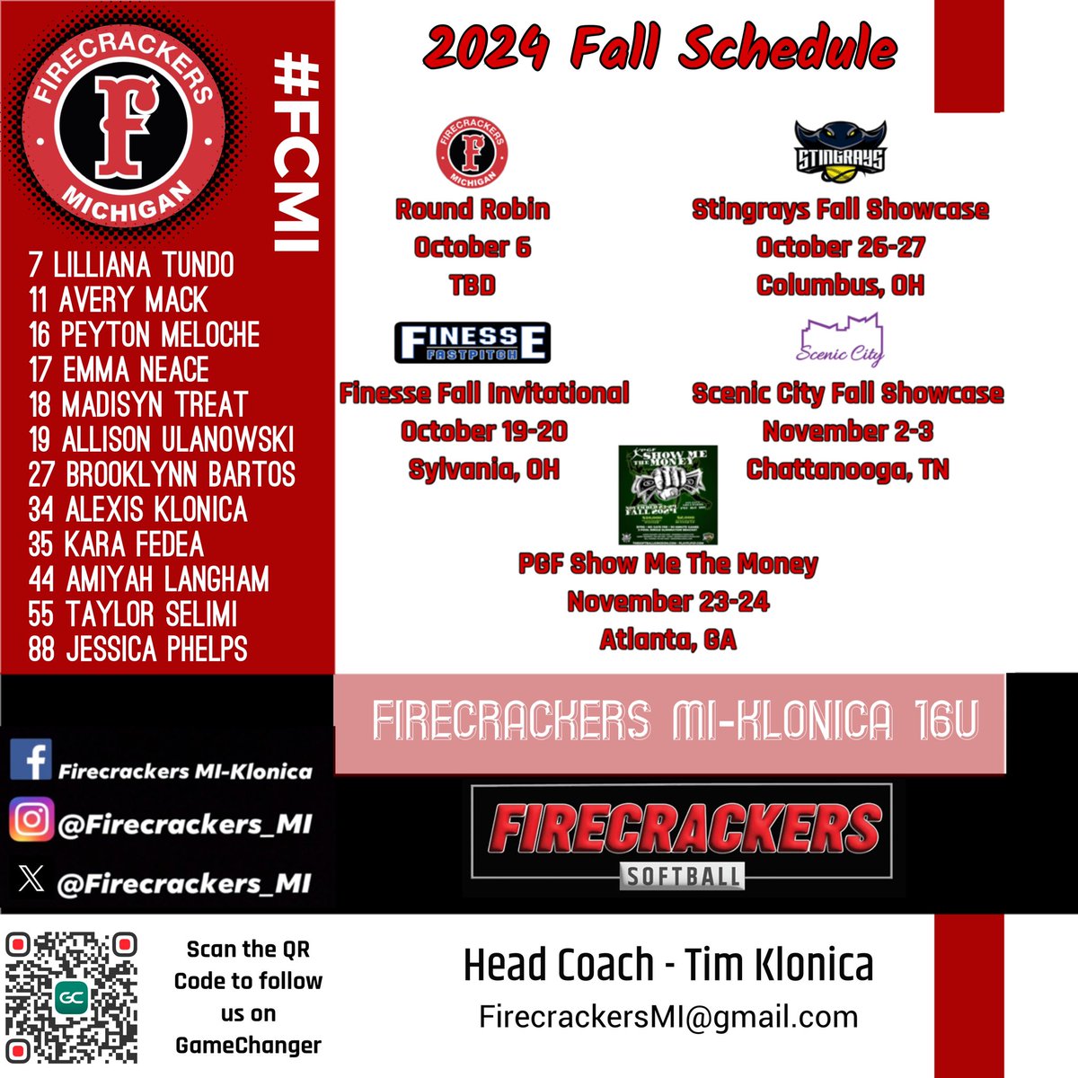 Fall schedule for Firecrackers-klonica 16u!!
