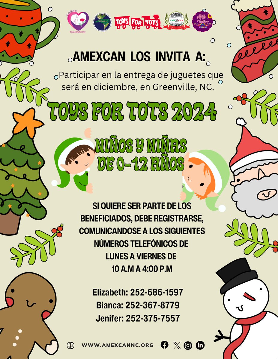 AMEXCAN les hace una cordial invitación para participar en la entrega de juguetes que será en diciembre, en Greenville, NC

TOY FOR TOTS 2024
Para Niños y Niñas de 0 a 12 años

Si desea ser parte de los beneficiarios, por favor comuníquese a los números que aparecen en el volante