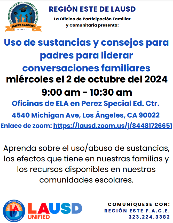 EastLANetwork's tweet photo. Learn about substance use/abuse, the effects it has on our families and resources available in our school communities.

Aprenda sobre el uso/abuso de sustancias, los efectos que tiene en nuestras familias y los recursos disponibles en nuestras comunidades escolares. https://t.co/Za2MmTgcdW
